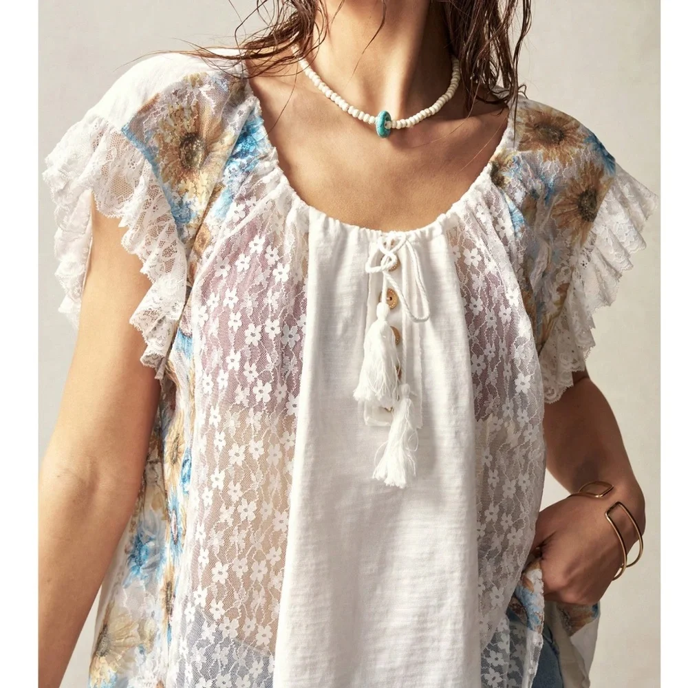 Boho Floral Print Button Detail Lace Ruffle Sleeve Cotton Top - Picture 4 of 6